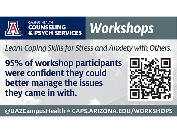 graphic with text that reads Workshops with QR code to caps.arizona.edu/workshops