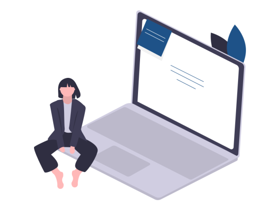 Illustration of a woman sitting on a unrealistically large laptop