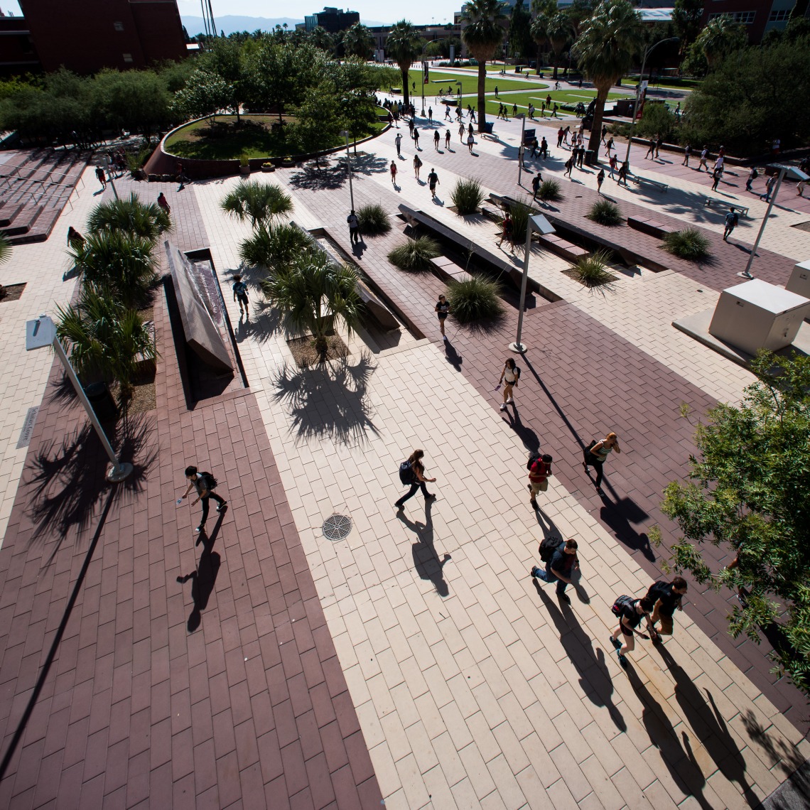 aerial view of students walking on the University of Arizona campus