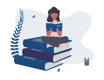 illustration of a woman sitting on books reading